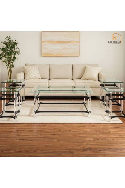 Al Saada Home Set of Acrylic Steel Tables - Rectangular - Black - 4+1 Pieces