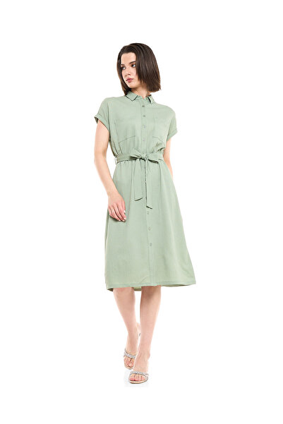 R&B Belted Shirt Dress with Classic Collar and Short Sleeves