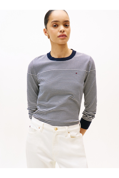 Tommy Hilfiger بلوفر نسائي من Tommy Hilfiger Bretton Stripe Dark Night Navy Crew Neck Co Jersey Fine Gg