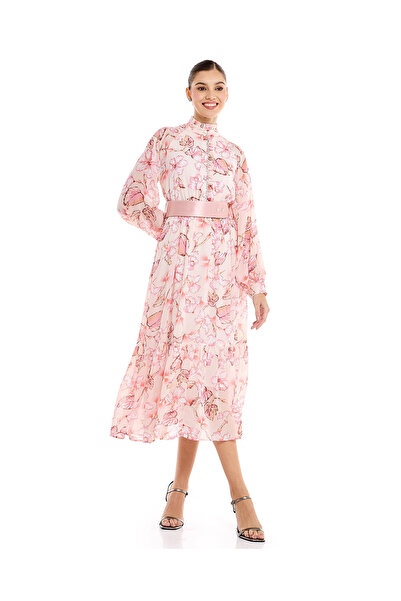 R&B فستان ميدي مطبوع برقبة عالية وأكمام واسعة