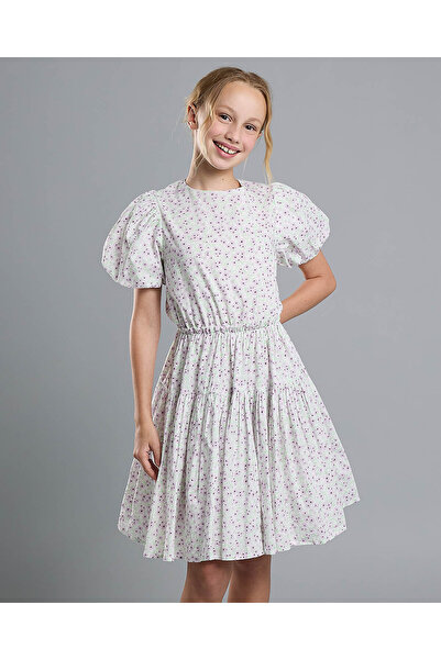 R&B Printed Fit and Flare Dress with Puff Sleeves