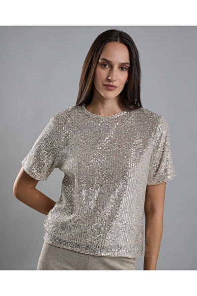 R&B Sequins Top with Crew Neck and Short Sleeves