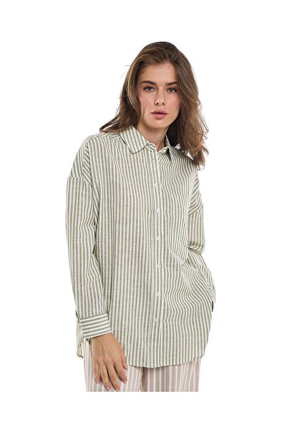 R&B Striped Tunic Shirt with Classic Collar and Long Sleeves