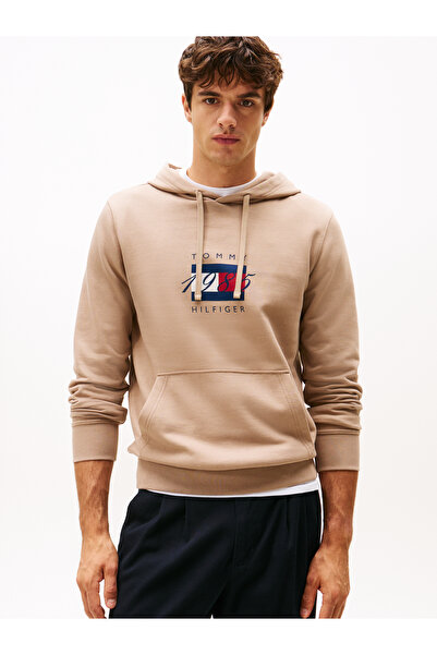 Tommy Hilfiger Tommy Hilfiger Men Coastal Taupe Regular Fit Linear Flag Graphic Pullover Hoodie