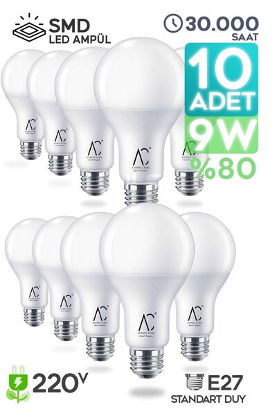 YCL Led Ampül 10 Adet 9w Smd Süper Parlak Led Beyaz Işık 6500k Tasarruflu Lamba