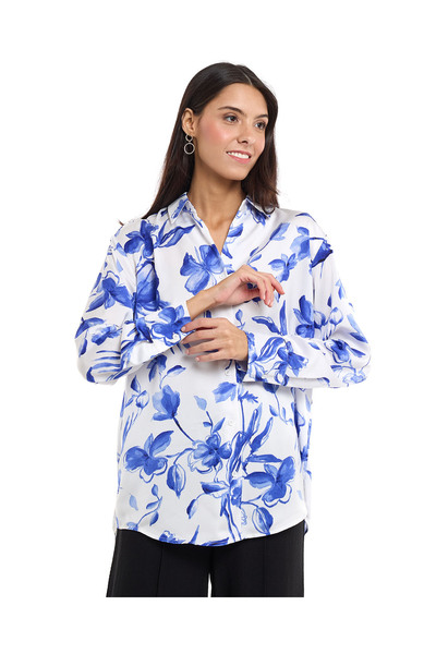 R&B Floral Print Shirt with Classic Collar and Long Sleeves