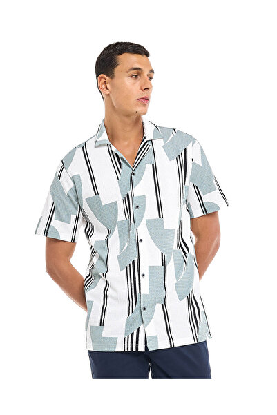 R&B Patterned Shirt with Revere Collar and Short Sleeves