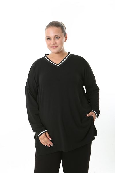 XL Modam Women's Lycra Viscose Collar Sleeve Striped Black Plus Size Tunic