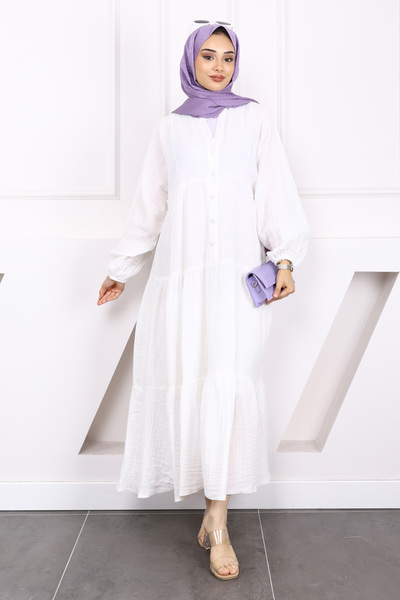 İmajButik Ecru Half Button Layered Muslin Dress