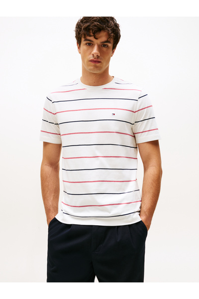 Tommy Hilfiger Tommy Hilfiger Men Ecru Stripe Short Sleeve Crew Neck Ess Seasonal Regular Fit T-Shirt