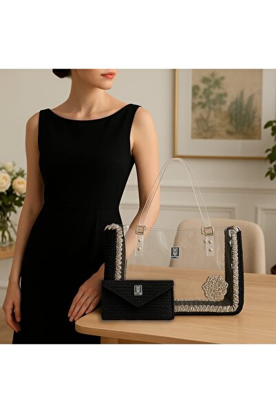 ALPACO Simli Şeffaf Çanta ve Cüzdan Takımı