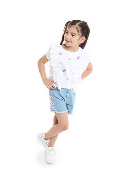 R&B Embroidered Denim Shorts with Button Closure