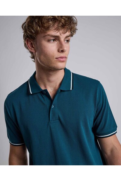 R&B Contrast Trim Polo T-Shirt with Shirt Collar and Short Sleeves