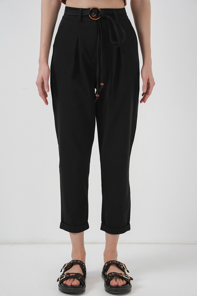 Merterium Women's Belted Linen Trousers Black 1278