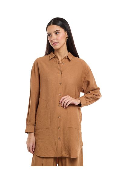 R&B Solid Shirt Tunic with Classic Collar and Long Sleeves