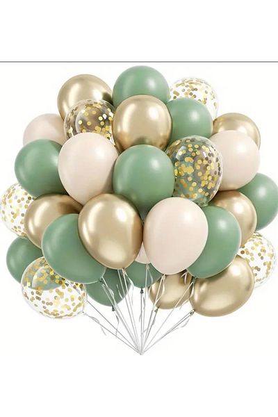 Çemrek Süs Parti Mold Green Sea Sand Transparent Sequin Gold Chrome Balloon Harness 25 Pcs