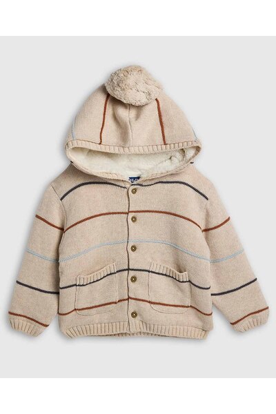 R&B كارديجان مخطط بغطاء رأس وأزرار للإغلاق