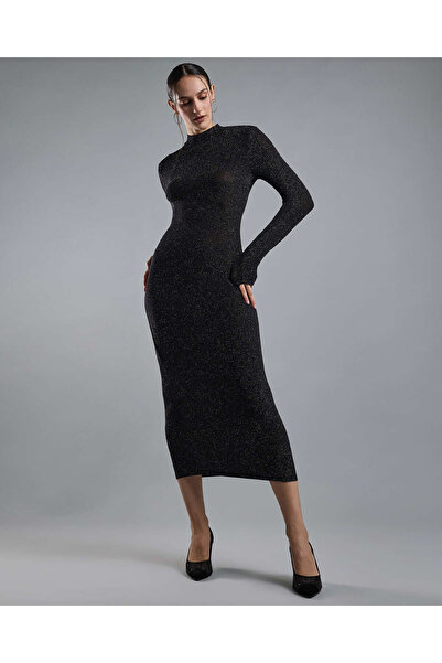 R&B Solid Bodycon Dress with High Neck and Long Sleeves