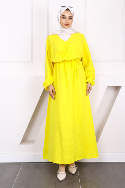 İmajButik Yellow Gathered Front Muslin Dress