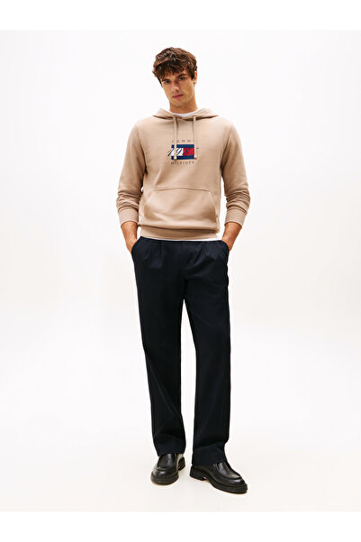 Tommy Hilfiger Tommy Hilfiger Men Coastal Taupe Regular Fit Linear Flag Graphic Pullover Hoodie