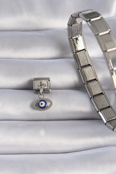 TT Tahtakale Toptancıları Steel Silver Color Dangle Eye Figure Evil Eye Bead Detail Nomination Charm 1044
