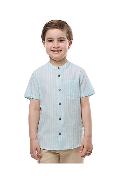 R&B قميص مخطط بياقة ماندرين وأكمام قصيرة