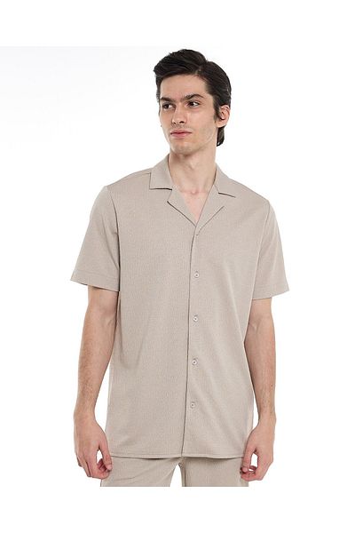 R&B Textured Shirt with Revere Collar and Short Sleeves