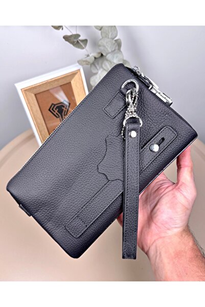 Fil Deri Genuine Leather Combination Zipper Handbag Matte Black Color 2105