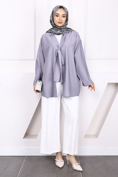 İmajButik Gray Front Tie Modal Kimono