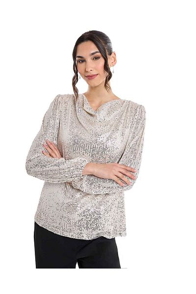 R&B Sequined Top with Cowl Neck and Long Sleeves