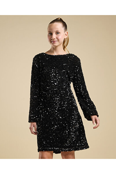 R&B Sequined Tiered Dress with Boat Neck and Long Sleeves
