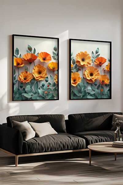 STARYUNA Set de pictură dublă cu model de flori portocalii în cadru negru, pi...