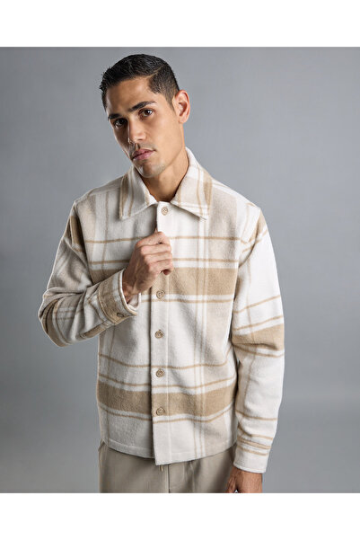 R&B جاكيت منقوش بياقة قميص وأكمام طويلة