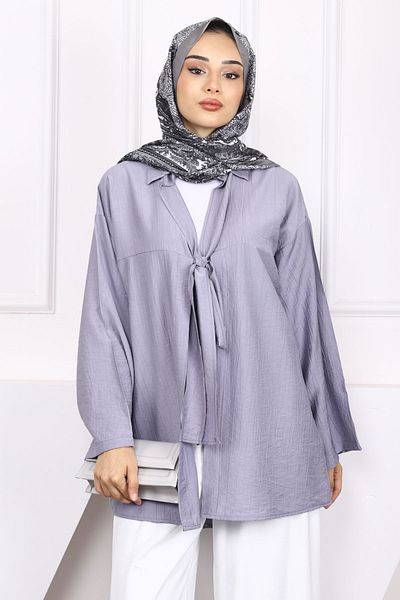 İmajButik Gray Front Tie Modal Kimono