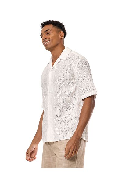 R&B Openwork Shirt with Revere Collar and Short Sleeves