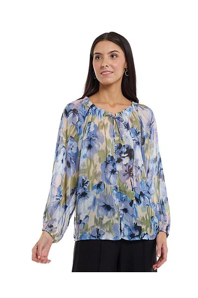R&B Floral Print Top with Round Neck and Puff Sleeves