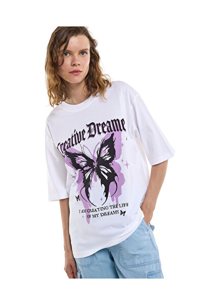 R&B Printed Oversized T-Shirt with Crew Neck and Short Sleeves