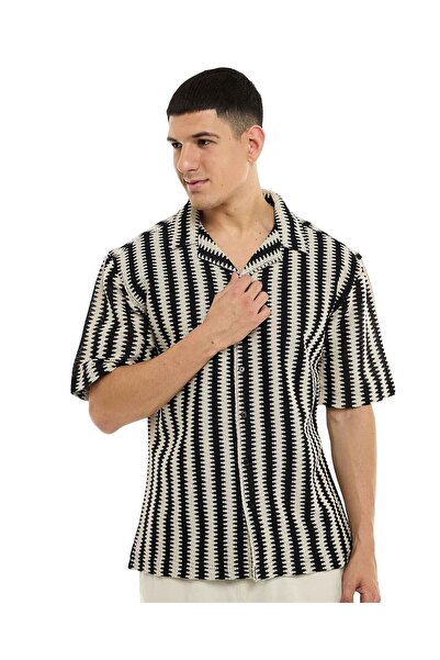 R&B Patterned Shirt with Revere Collar and Short Sleeves