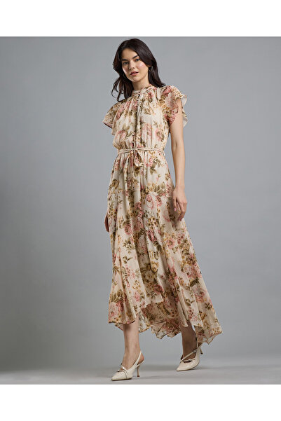 R&B Printed Maxi Dress with High Neck and Flared Sleeves
