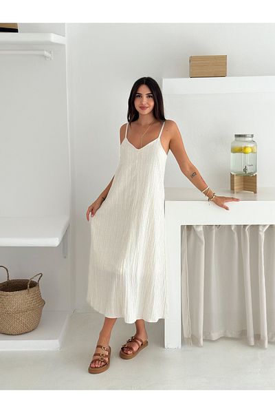 coaksco Women's Rope Strap Bone Color Linen Fabric Dress