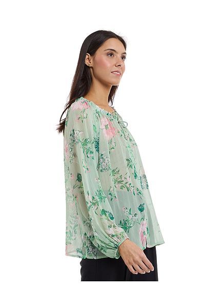 R&B Floral Print Top with Round Neck and Puff Sleeves