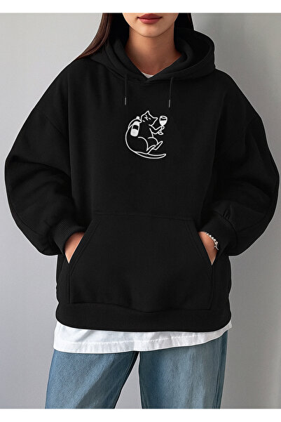 De Carte هودي شتوي مطبوع عليه قطة تحمل كأسًا للنساء باللونين الأسود والرمادي ...