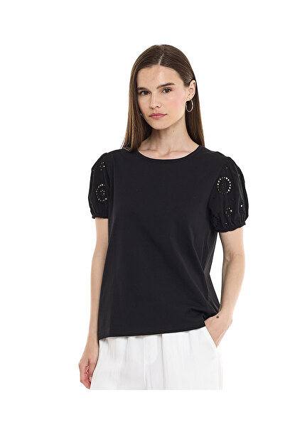 R&B Openwork Detail Top with Crew Neck and Puff Sleeves