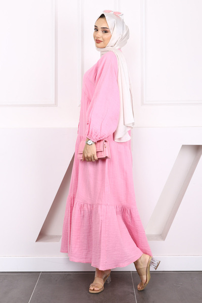 İmajButik Ροζ Φόρεμα Μουσελίνας με μισό κουμπί