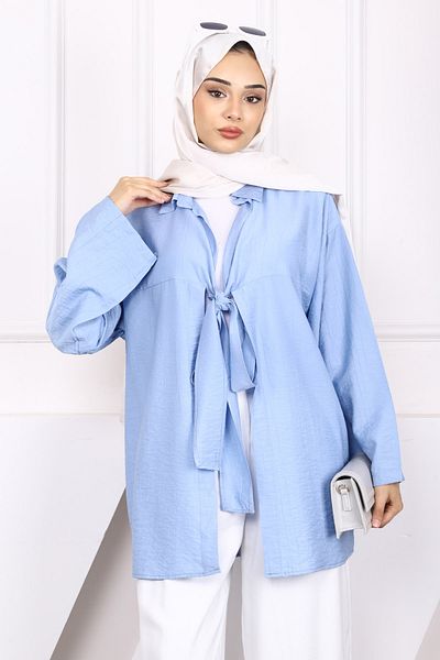 İmajButik Baby Blue Front Tie Modal Kimono
