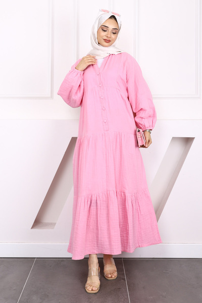 İmajButik Ροζ Φόρεμα Μουσελίνας με μισό κουμπί