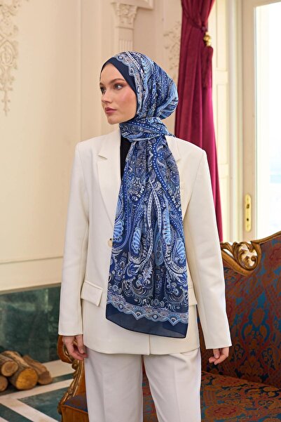 İpekhan Şal din voile cu model de mătase albastră - 9804-12