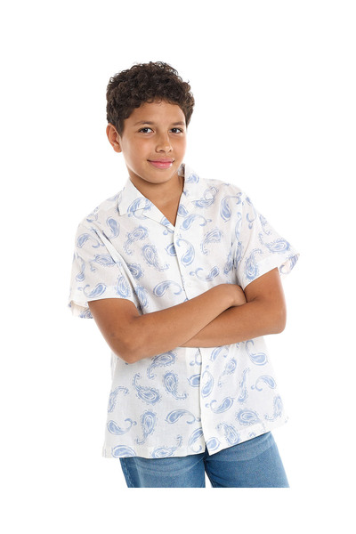 R&B Paisley Patterned Shirt with Revere Collar and Short Sleeves