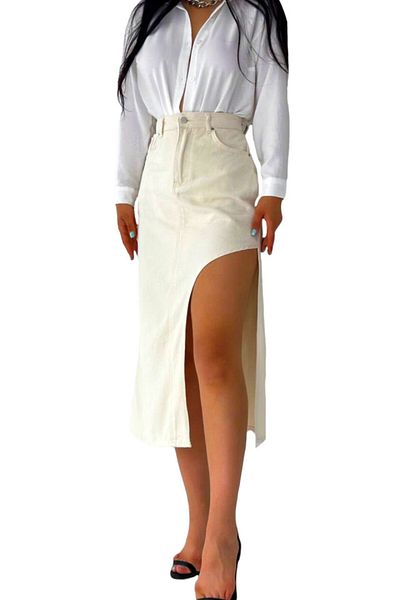 FashionForYou Denim skirt, Kasy, with front/back pockets and side slit, Butter white, L