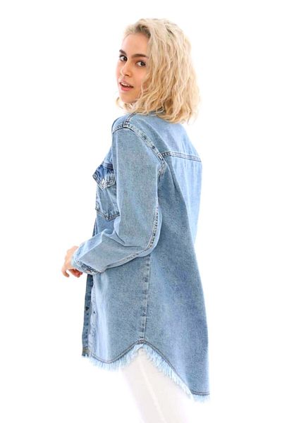 FashionForYou Fringe denim shirt, long cut and fringe at the bottom of the cut, Blue, L